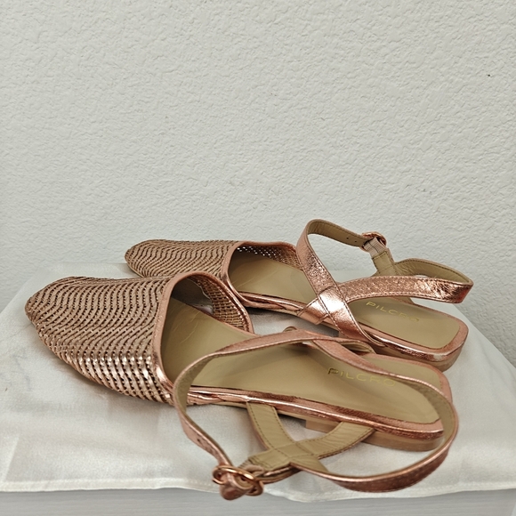 Pilcro Anthropologie Rose Gold Metallic Woven Leather Buckle Flats Size 10 - Picture 9 of 11